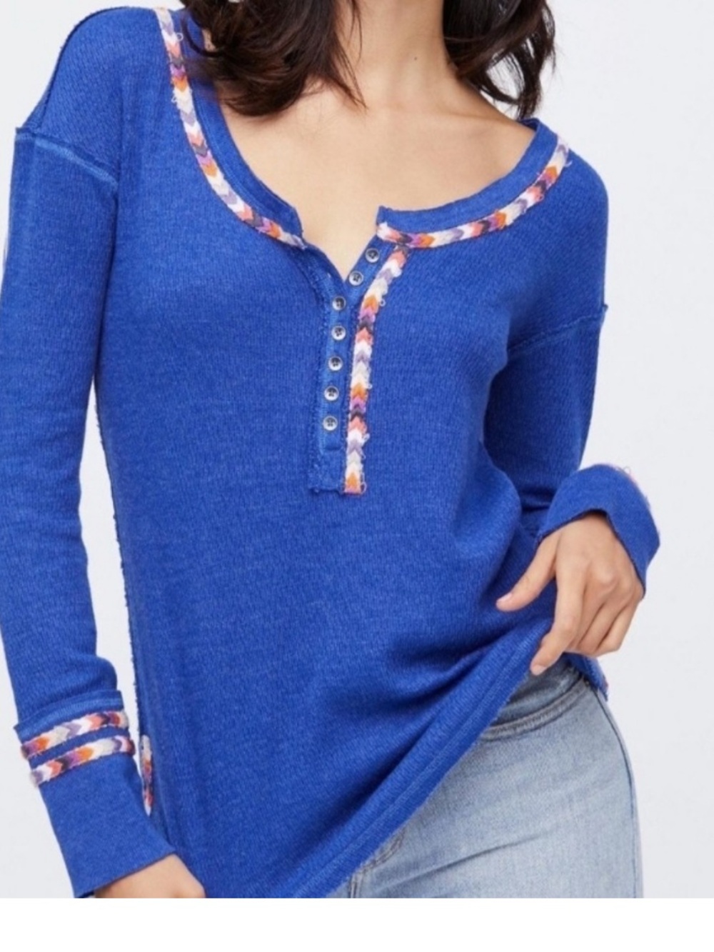 Free People Cobalt Blue Long-Sleeve Henley with Printed Trim